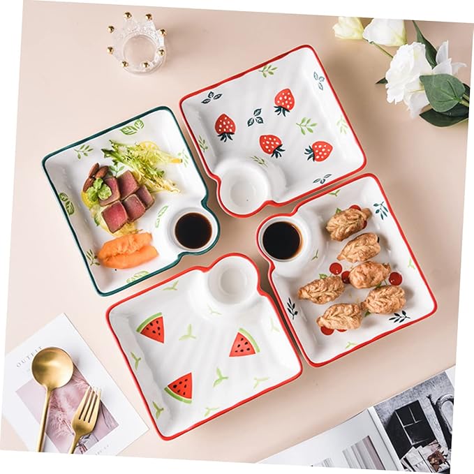 ABOOFAN Japanese Ceramic Divided Dumpling Dish Sauce Holder Hand-Painted Square Plate for Fruits and Dipping Multi-Use Serving Tray for Entertaining and Everyday Meals Random Style