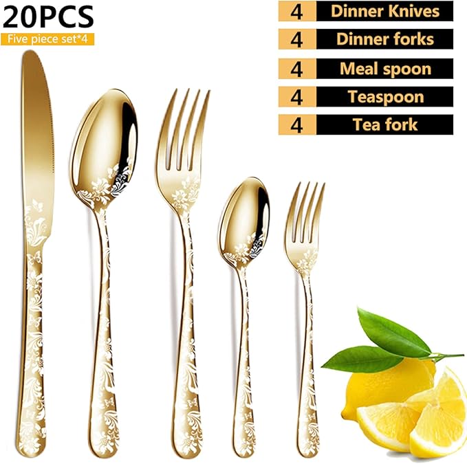 vilihkc Vilihkc 20 piece Unique Pattern Design Silverware Set, Stainless Steel Flatware Set Service for 4, gold Cutlery Set, Mirror Polished Utensil Set for Kitchen, Dishwasher Safe