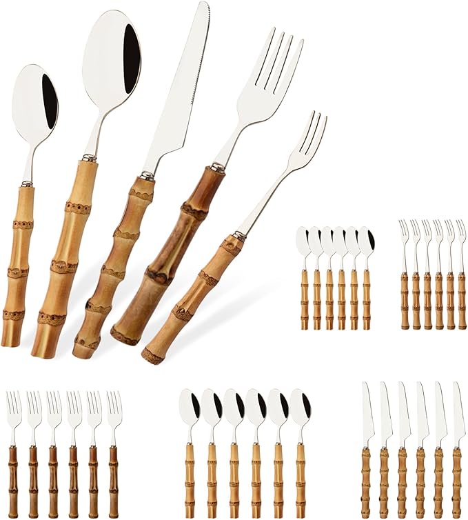 Mirror Polished Silverware Set for 6 - Bamboo Handle Cutlery Set - Stainless Steel Flatware Serving Set for Home Restaurant Wedding and Parties - 30 Pieces Eating Utensils