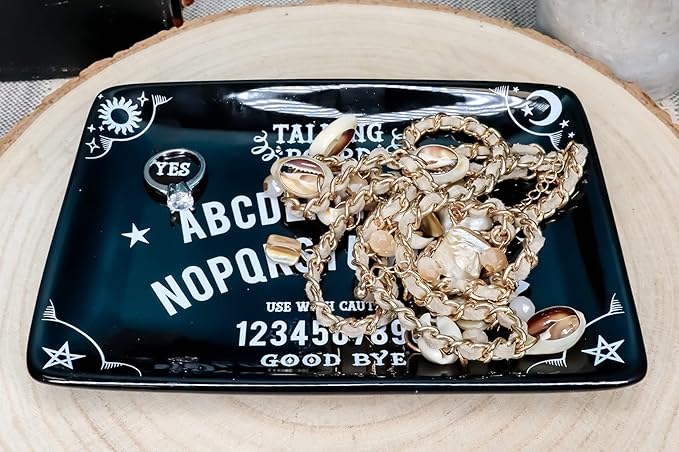 Ebros Gift Wicca Occult Paranormal Talking Board Ouija Planchette Gothic Rectangular Trinket Jewelry Dish Or Appetizer Plate Serveware Bone China Ceramic 6.5" by 4.5"