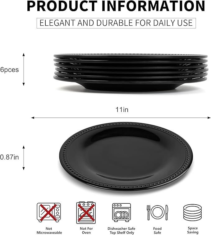 Melamine Beaded Dinner Plate Set of 6, BPA Free, Platter, Serving Dishes, Chip & Break Resistant, Lightweight, Great for Dining, Weddings & Everyday Meals (Black, 11in (Pack of 6))