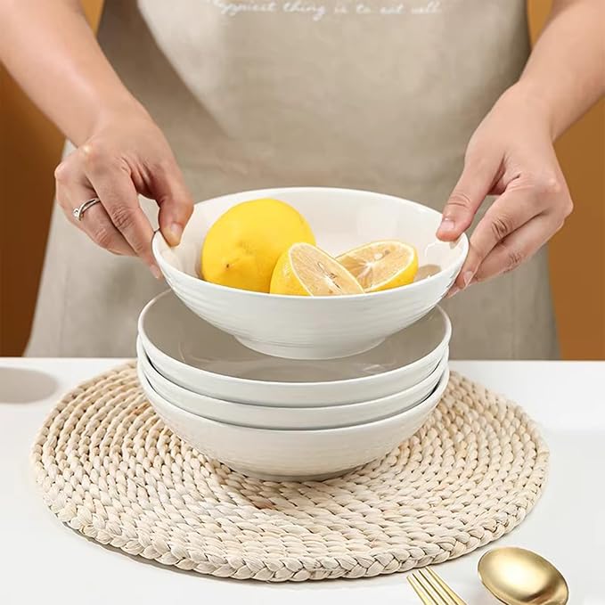 33 oz Ceramic Pasta Bowls, 7" White Pasta Plates, Large Serving Bowls Set of 4, Wide & Shallow, for Serving Salad, Soup, Noodle, Cereal, Microwave & Dishwasher Safe