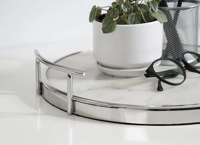 Kate and Laurel Marbury Modern Round Marble Tray; 14 Inch Diameter; Silver; Decorative White Marble Tray for Display and Storage