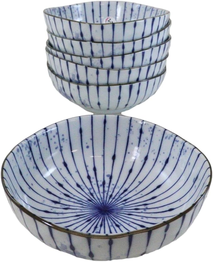 Ebros Gift Artistic Blue Waves Fubuki Tokusa Made In Japan Dinnerware Serveware Kitchenware Set Asian Japanese Restaurant Supply (Pack Of 6 Round Flair Medium Shallow Bowls 20oz)