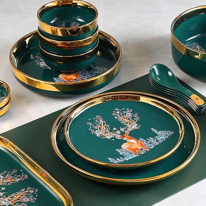 Dining Plate Set 33 Pcs Dinnerware Sets European Style Porcelain Tableware Set with Plates and Bowls Green Auspicious Deer Ceramic Dinner Set (Green 18pcs)