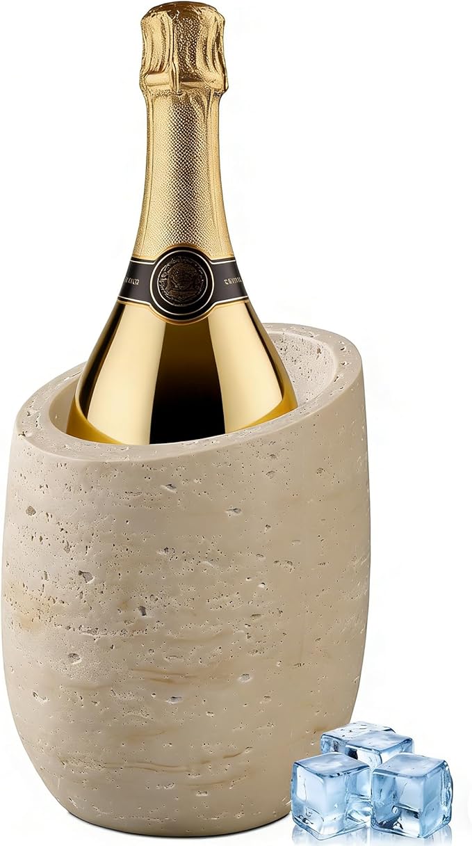 Natural Travertine Textures Wine Chiller Bucket – 750ml Resin Cooler for Wine & Champagne Bottles, Party Bar Cart Decor – Keeps Drinks Cold, Unique Gift for Wine Lovers, Housewarming (Beige)
