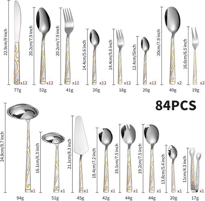 Silverware Flatware Serving Set for 12 with Gold Accents, 72/84 PCS Luxury Dining Silverware Cutlery Service in a Wooden Storage Case Chest for Formal Events, Parties(C,84pcs)