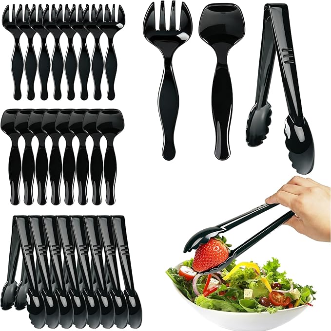 24 Pcs Black Plastic Serving Utensils Set - Large Serving Tongs, Serving Forks, Serving Spoons - Heavy Duty Disposable Serving Utensils for Parties, Buffet, Catering Supplies (Black, 24 Pcs)