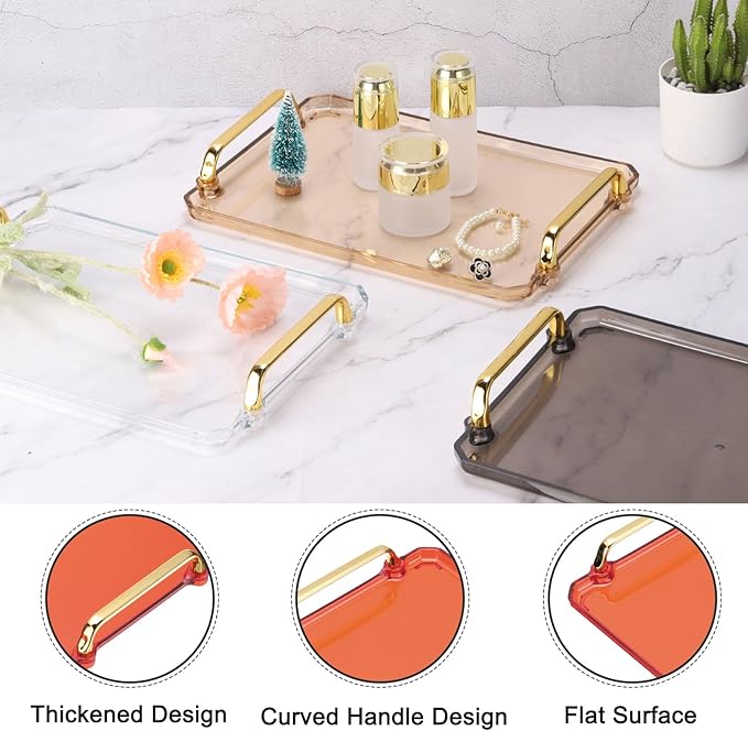 PATIKIL 12 x 8.6 Inches Plastic Serving Tray with Golden Handles, Reusable Tray Rectangular Party Platters for Dessert Coffee Tea Table, Living Room Kitchen Countertop, Red