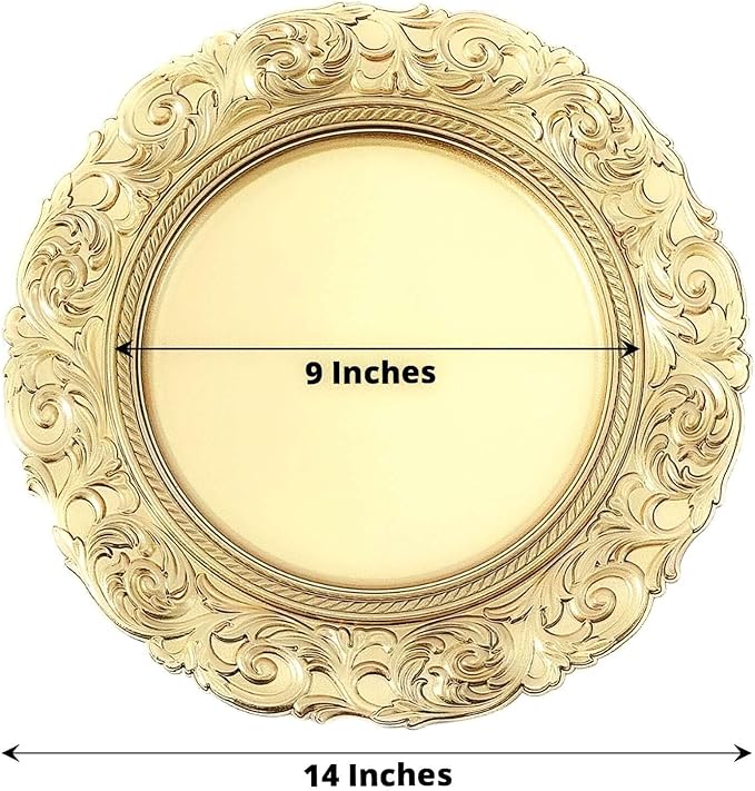 Efavormart Set of 6 GOLD 14" Round Plastic Charger Plates With Engraved Baroque Design Rim For Wedding Party Events