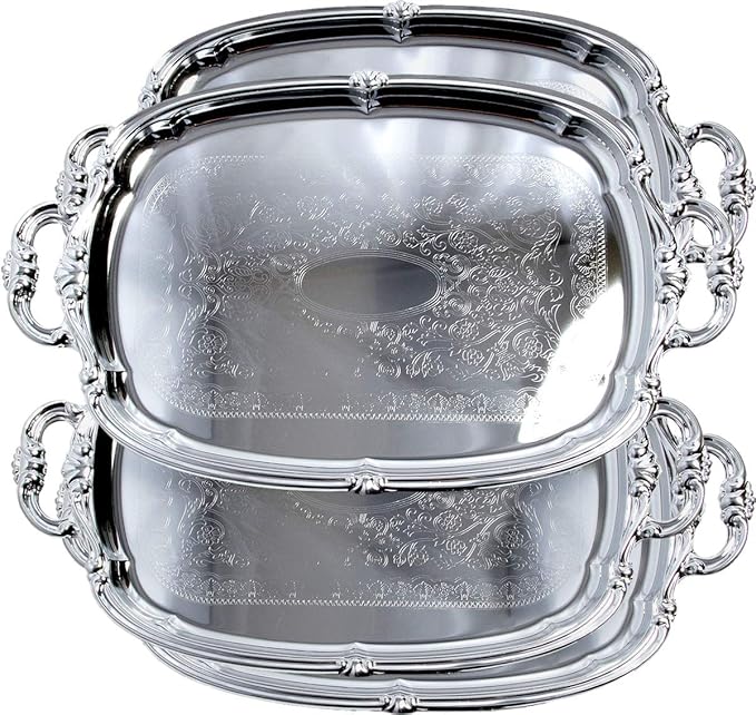 (Pack of 4) 21-Inch x 13.5-Inch Elegant Victoria Floral Engraved with Handle Serving Tray Silver Metal Plate Platter Food Decorative Buffet Wedding Party T166-4PK