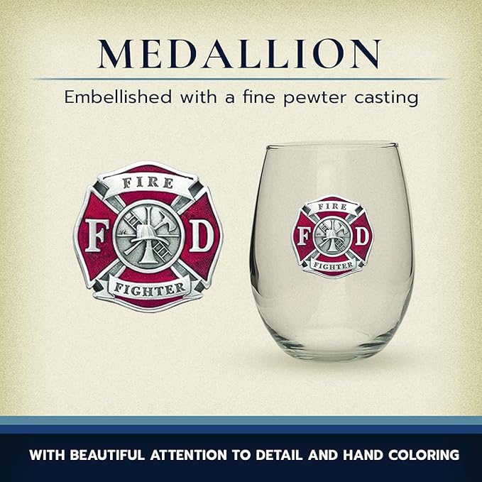 Heritage Pewter Firefighter Stemless Glass Goblets – Set of 2 | 15 OZ Goblet Wine Glasses | Expertly Crafted Pewter Glass