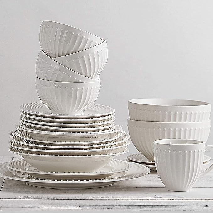 Dinnerware Set Dinner Party Tableware Service Set Ceramics Dinner Sets, 56 Pieces Relief Stripe Cereal Bowl and Steak Plate Set | Pure White Porcelain Dinnerware Set for Family Gathering