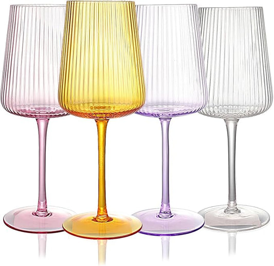 Hand Blown Ribbed Wine Glasses with stem, Lead-Free Crystal Glasses, Luxury Gift, Set of 4, Unique, 18oz Premium Wine Goblet, Large capacity, Fluted Design (Summer Colored)