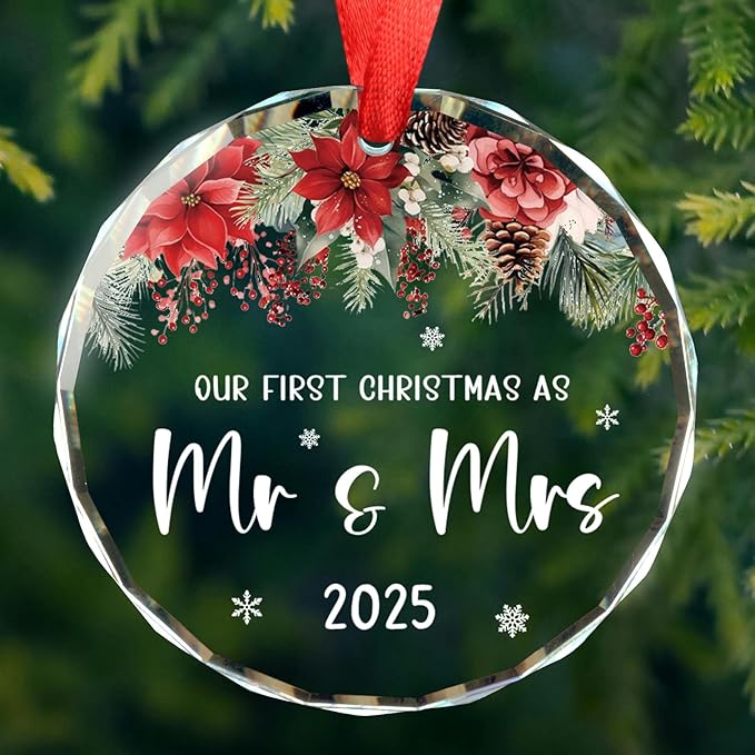 Our First Christmas as Mr and Mrs 2025, Wedding Gifts for Couples 2025, Mr and Mrs Gifts Glass Ornament, Engagement Gift for Newlyweds, Bridal Shower Gift Keepsake, Christmas Ornaments