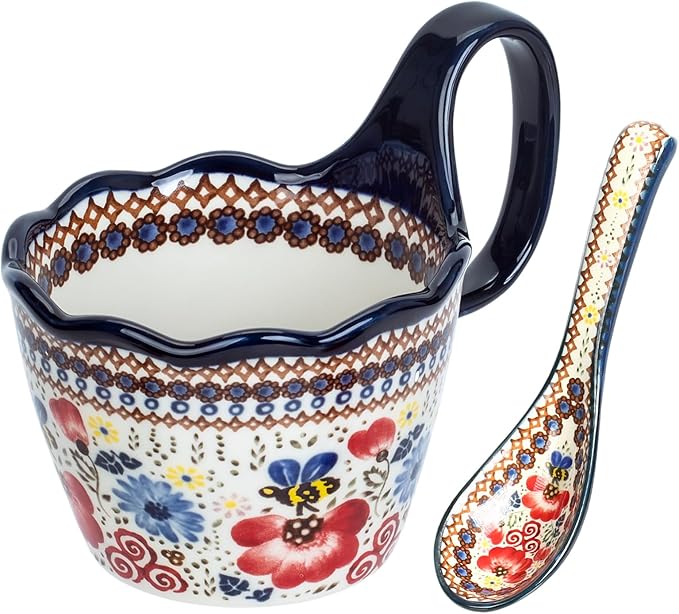 OZY Handpainted Soup Bowl with Handle,Ceramic Cereal Bowl Great for Soup, Ice cream, Fruits,Snack,Microwave &Dishwasher Safe (Honey picking,Spoon)