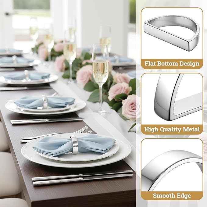 Suream Napkin Rings, 24 Pcs Stainless Steel Napkin Holders, Metal Napkin Ring for Table Settings Wedding Christmas Thanksgiving Party Dinner Table(Bright Silver Semicircle)