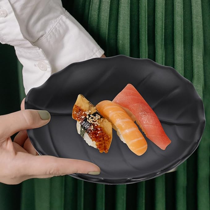 COHEALI Leaf Pattern Snack Plate Japanese Style Dessert Salad Appetizer Plate Black Ceramic Household Tableware for Serving Snacks and Sauces