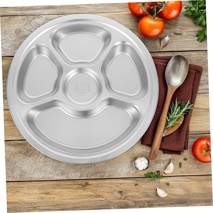 Garneck 1pc Divided Stainless Steel Food Plate Compartment Serving Tray for Breakfast Lunch and Dinner Stackable Moisture-retaining Design