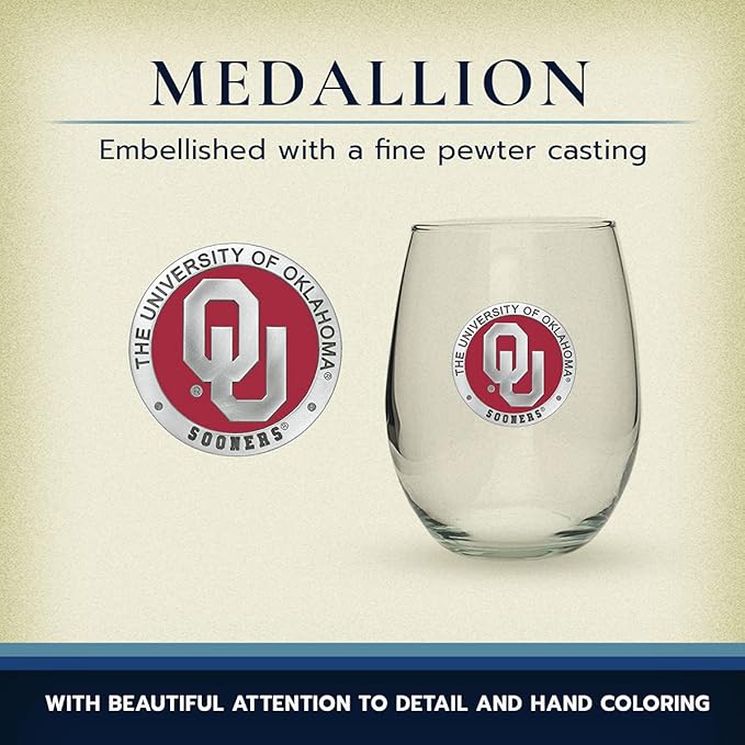 Heritage Pewter Oklahoma Sooners Stemless Glass Goblets – Set of 2 | 15 OZ Goblet Wine Glasses | Expertly Crafted Pewter Glass