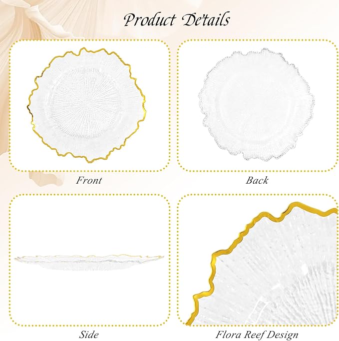 24 Pack Clear Charger Plates Bulk, 13" Plastic Reef Chargers for Dinner Plates, Round Charger Plate with Gold Rim Floral Reef Design for Dinner Wedding Party Table Setting Decoration