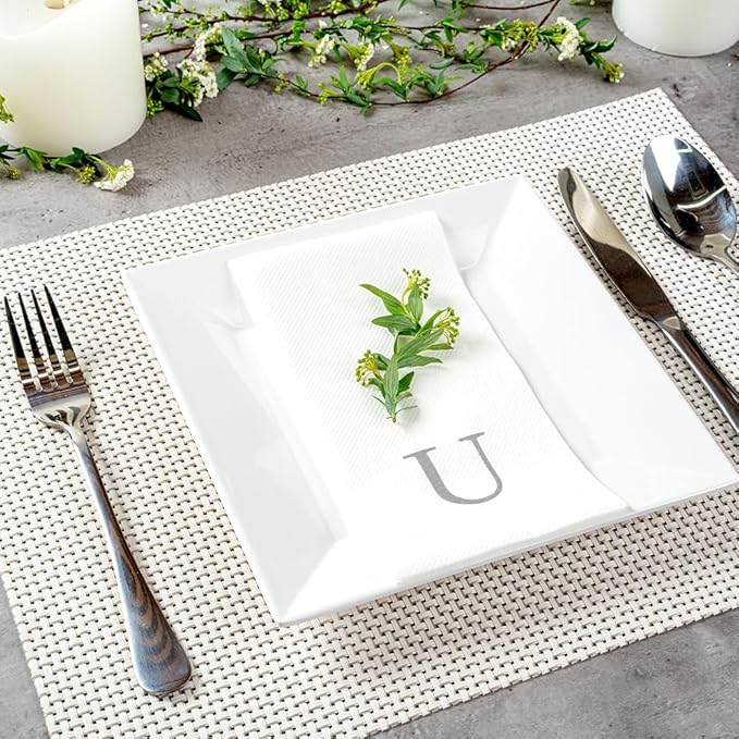 Luxenap 15.8 X 7.9 Inch Linen-Feel Guest Towels, 2000 Lettered Hand Towels - Silver Letter 'U', Sans Serif Font, White Paper Dinner Napkins, airlaid, For Restrooms And Tables - Restaurantware