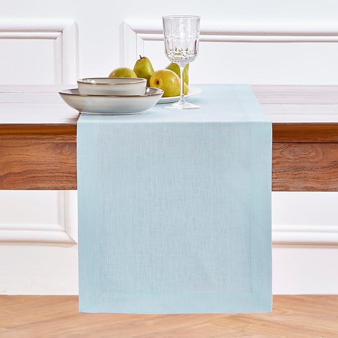 Solino Home Linen Ice Water Table Runner 60 Inches - 100% Pure Linen Farmhouse Short Table Runner 14 x 60 Inch Ideal for Dresser and Coffee Tables - Fete - Christmas, Holiday, New Year