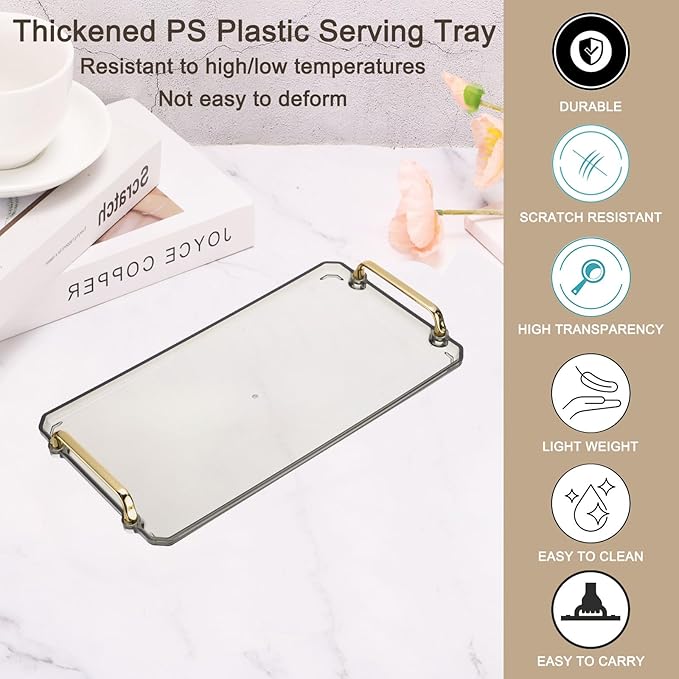 PATIKIL 16.1 x 8.7 Inches Plastic Serving Tray with Golden Handles, Reusable Tray Rectangular Party Platters for Dessert Coffee Tea Table, Living Room Kitchen Countertop, Light Green