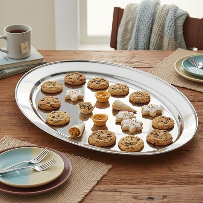 Set of 2 Stainless Steel 26” Oval Platter- Serving Platters for Appetizer Snack Fruit Cup Cake Server Tray Display Serving Dishes for Entertaining