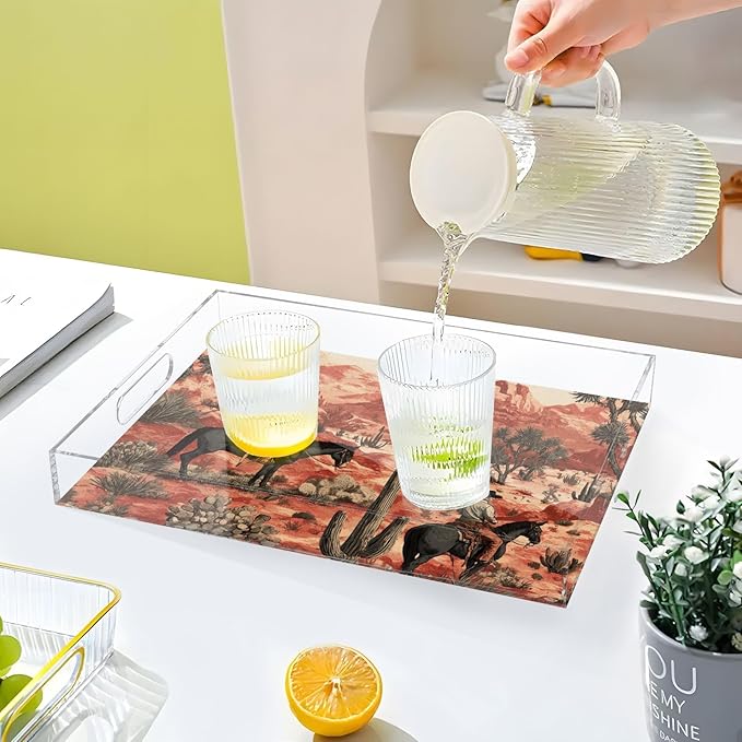 Serving Tray with Handles Clear Acrylic Tray 12x16 Inch Decorative Rectangular Tray Organizer for Ottoman Coffee Table Bathroom Cowboys Horses Cactus Desert