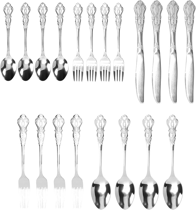 Zerodis Vintage Silverware, Serving Sets Set With Knife Fork Spoon Silver, 20 Piece Silverware Service For 4, Flatware For Home And Kitchen, Dishwasher Safe Vintage, (Silver)