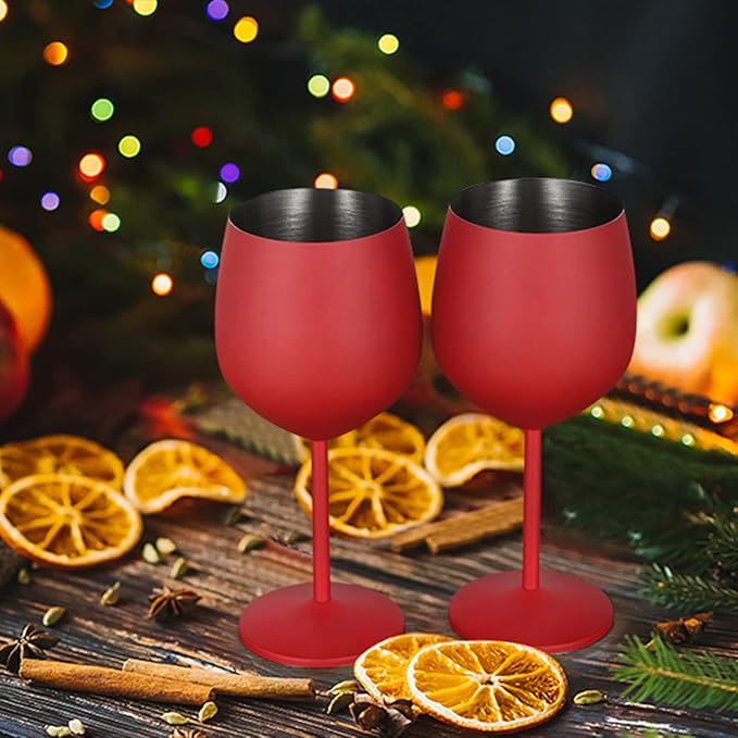 Lifecapido Stainless Steel Wine Glasses Set of 4, 18oz Stainless Steel Wine Goblets, Stemmed Metal Wine Glasses with Cup Brush for Party Office Wedding Anniversary, Great for Red White Wine (Red)