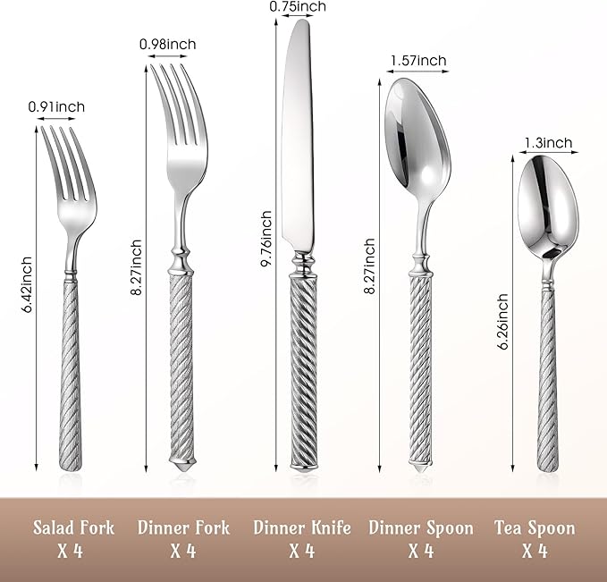 20 Pcs Retro Sliver Silverware Set for 4 Handcrafted Vintage Rope-texture 18/10 Stainless Steel Flatware Set Metal Serving Utensils Mirror Polished Cutlery for Restaurant, Dishwasher Safe