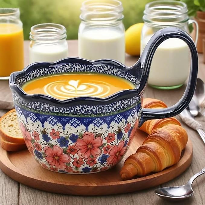 OZY Handpainted Soup Bowl with Handle,Ceramic Cereal Bowl Great for Soup, Ice cream, Fruits,Snack,Microwave &Dishwasher Safe (Snow Ink Plum Pink,Spoon)
