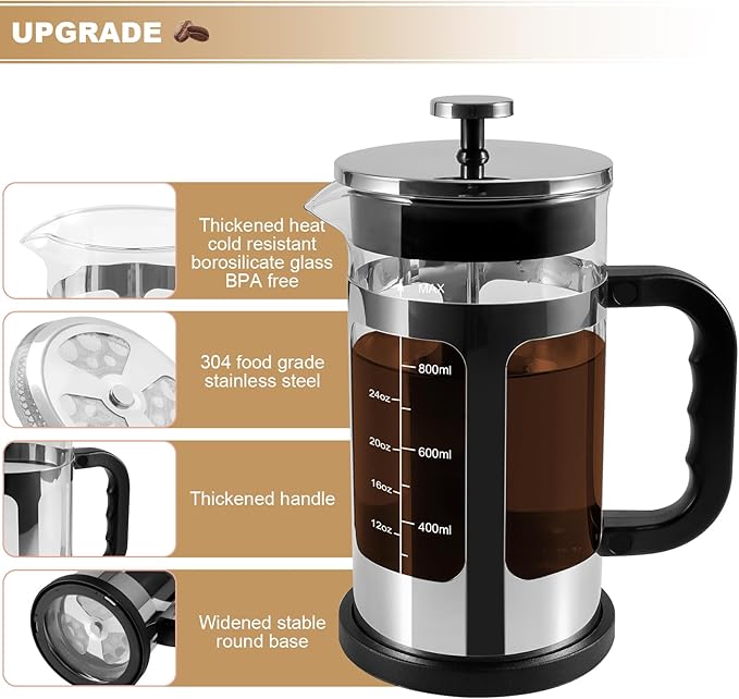 French Press Coffee Tea Maker， Upgrade Heat Cold Resistant Thickened Glass with 4 Level Stainless Steel Filtration System Brew Coffee & Tea， BPA Free, Large 1000ml 34oz, (Silver)
