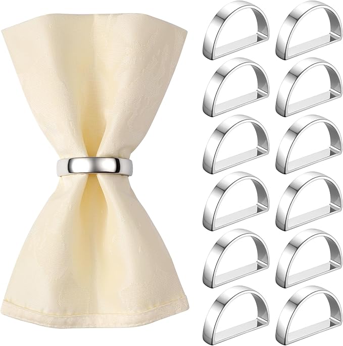 Suream Set of 12 Napkin Holders Buckles, Metal Napkin Rings for Dinning, Table, Party, Events, Thanksgiving Christmas Table Decor(Bright Silver Semicircle)