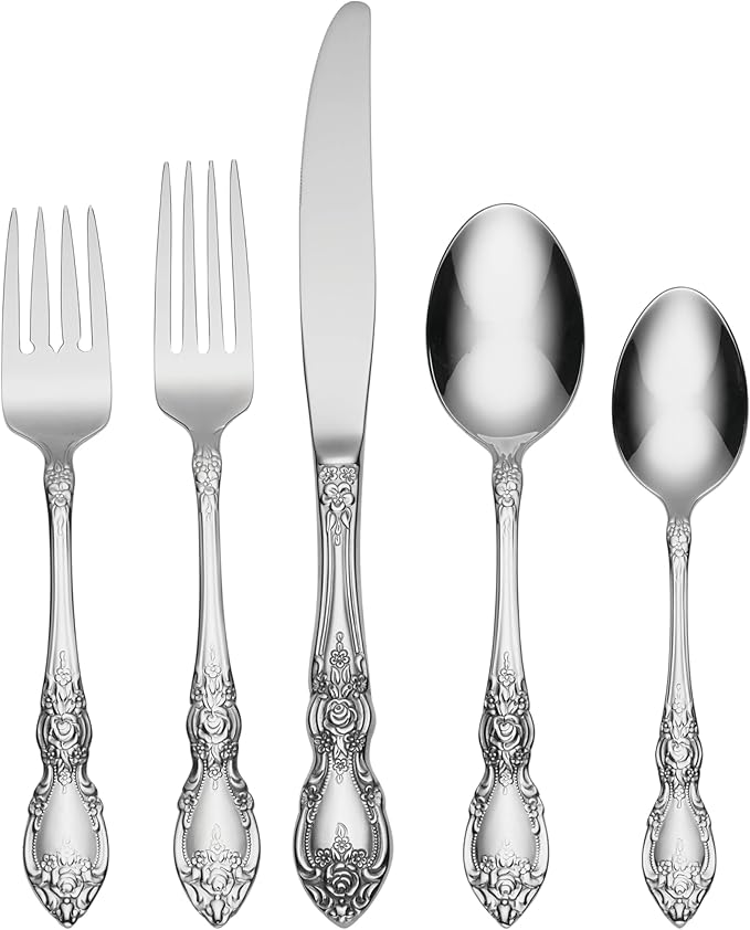 Oneida Silverware Set For 8, Wordsworth 45-Piece with Serving Utensils, Service For 8, Ornate Pattern, Mirror Finish, 18/0 Stainless Steel, Dishwasher Safe, Knives Spoons and Forks (Silver, 45 Pieces)