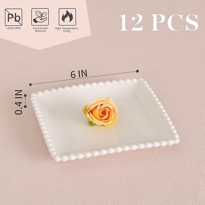 OMAYKEY 6 Inch Square Appetizer Plates, Salad Plates Set, Ceramic Dessert Plates, Porcelain Small Serving Plates for Cake, Snacks, Side Dish, Sushi - Microwave, Oven, Dishwasher Safe, Set of 12, White