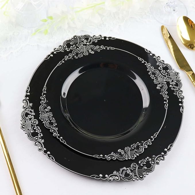 10" Dinner Plates -Set of 10 - Plastic Black Silver Round Baroque Disposable Chargers Leaf Embossed Rim, Ideal for Dinner Party Wedding Bulk Events