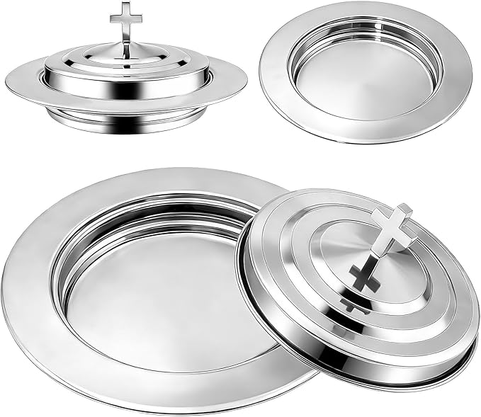 Silver Communion Bread Tray with Lid, Stainless Steel Holy Communion Tray for Churches, Polished Church Supplies Ware (304 Stainless)