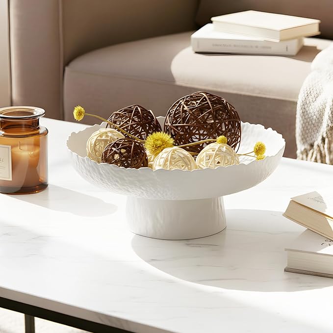 Large Glass Fruit Bowl for Kitchen Counter Decorative Centerpiece Bowl for Table Home Déco, White Hammered