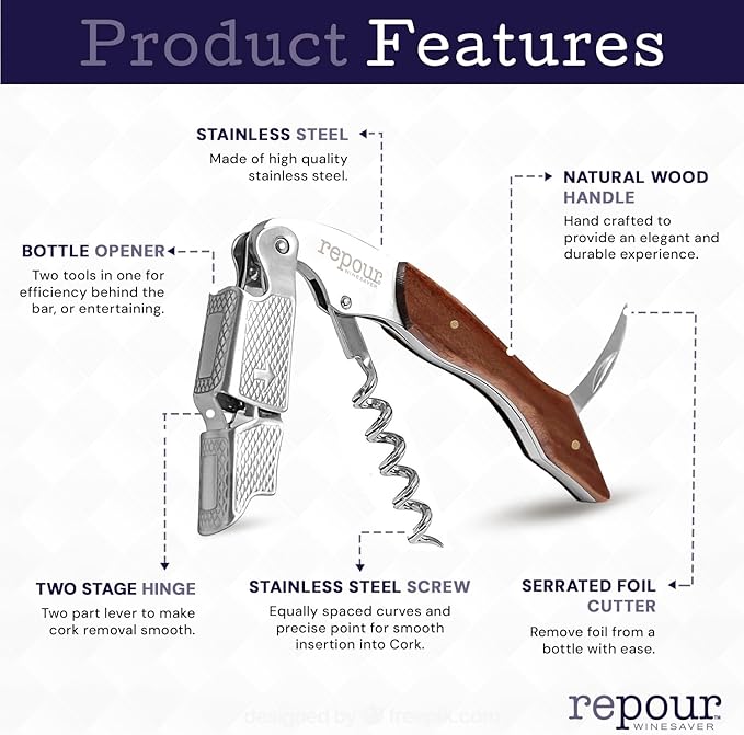 Repour Wine Essentials Combo Pack – Premium Corkscrew & Wine Saver | Manual Wine Key Removes Corks Easily, Wine Stopper Preserves Wine Easily|Perfect for Wine Lovers and Enthusiasts (Rosewood 10 Pack)