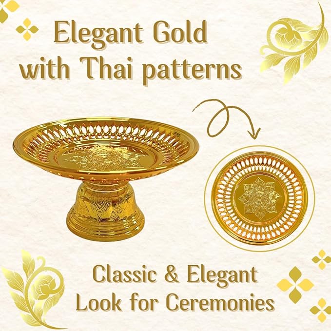 Decorative Pedestal Tray 5 Inch – Traditional Thai Offering Tray with Flora Design for Home, Temple, or Spa Display (Gold,12cm)