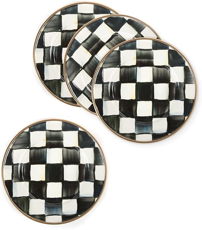 MACKENZIE-CHILDS Set of 4 Enamel Appetizer Plates, Mini Dessert Plates, 5 Inches, Black-and-White Courtly Check