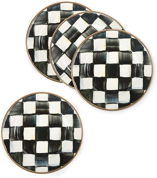 MACKENZIE-CHILDS Set of 4 Enamel Appetizer Plates, Mini Dessert Plates, 5 Inches, Black-and-White Courtly Check
