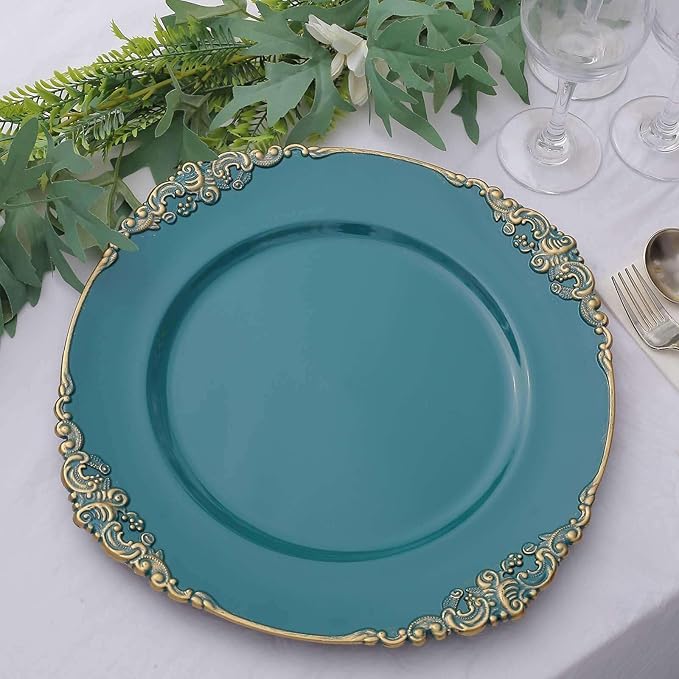 13" Charger Plates -Set of 24 - Acrylic Teal Round Baroque Disposable Chargers Leaf Embossed Rim, Ideal for Dinner Party Wedding Bulk Events