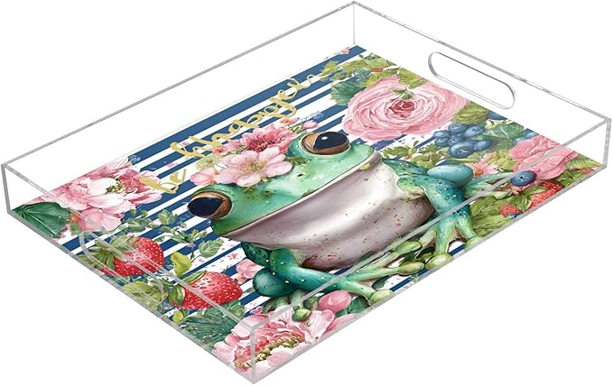 Serving Tray with Handles Clear Acrylic Tray 12x16 Inch Decorative Rectangular Tray Organizer for Ottoman Coffee Table Bathroom Be Happy Blue Striped Frog Floral Strawberry