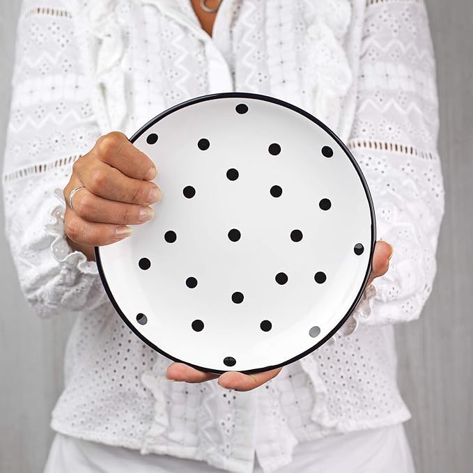 City to Cottage Handmade White And Black Pottery Polka Dot Glazed 7.9inch/20cm Side Plate, Dessert Plate, Unique Ceramic Dinnerware, Housewarming Gift