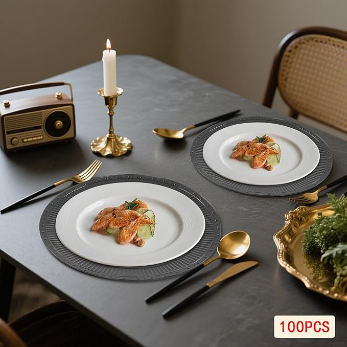 100 Pcs Round Serving Plates 13in Antique Charger Plates Bulk Plastic Charger Plates Set with Stackable &　Edge Texture Pattern Table Chargers for Parties, Weddings, Banquets, Restaurants（Black）