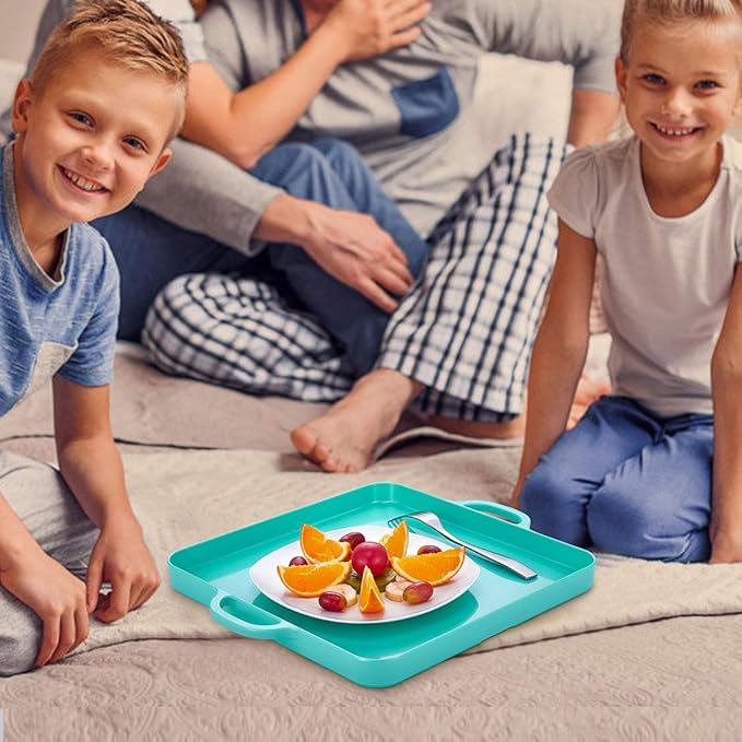 i BKGOO Foodservice Lake Blue Plastic Tray with Handle Set of 2 Large Melamine Cube Serving Platters for Parties, Table, Kitchen Size(12.5"x12.5"x1")